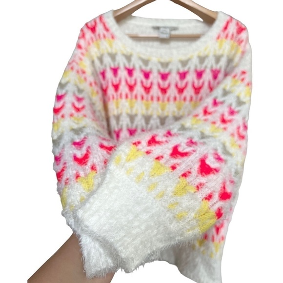American Rag Cie Bright Pink & Yellow Patterned Fuzzy Soft Sweater, Size Large - Picture 4 of 10